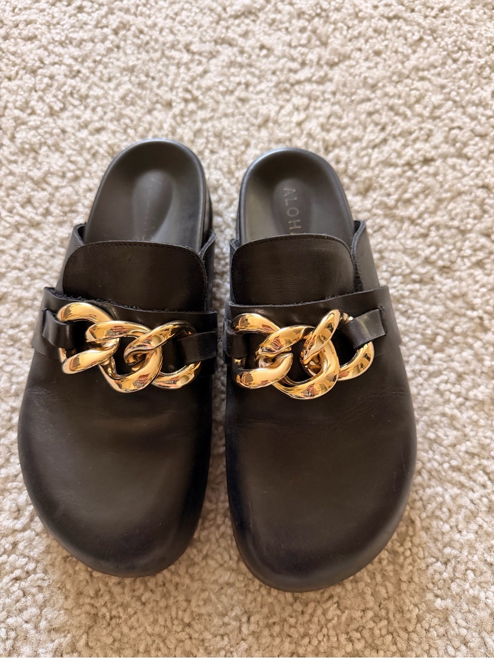 ALOHAS Black Slip-On Clogs with Gold Chain Accent